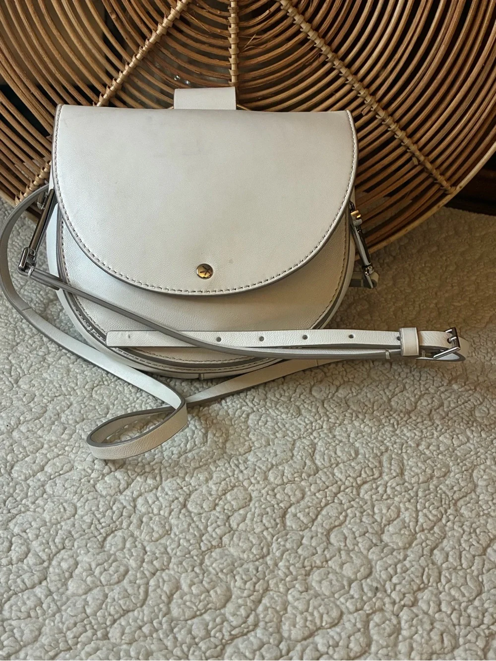 Theory Ivory Leather Ring Handle Crossbody Saddle Bag Silver Hardware